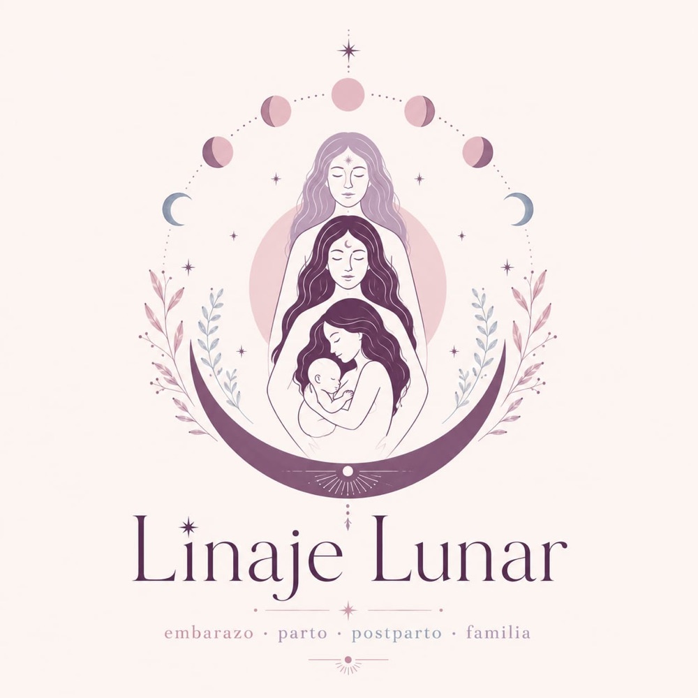 Logotipo de Linaje Lunar: tres generaciones de mujeres bajo un arco de fases lunares